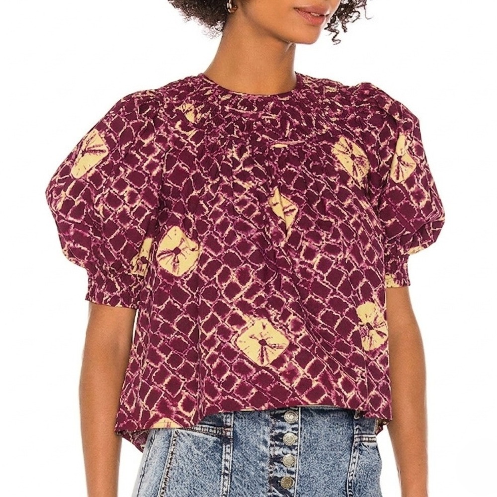 ULLA JOHNSON 100% Cotton Carmela Blouse In Brick Maroon Women Size 4 Puff Sleeve
